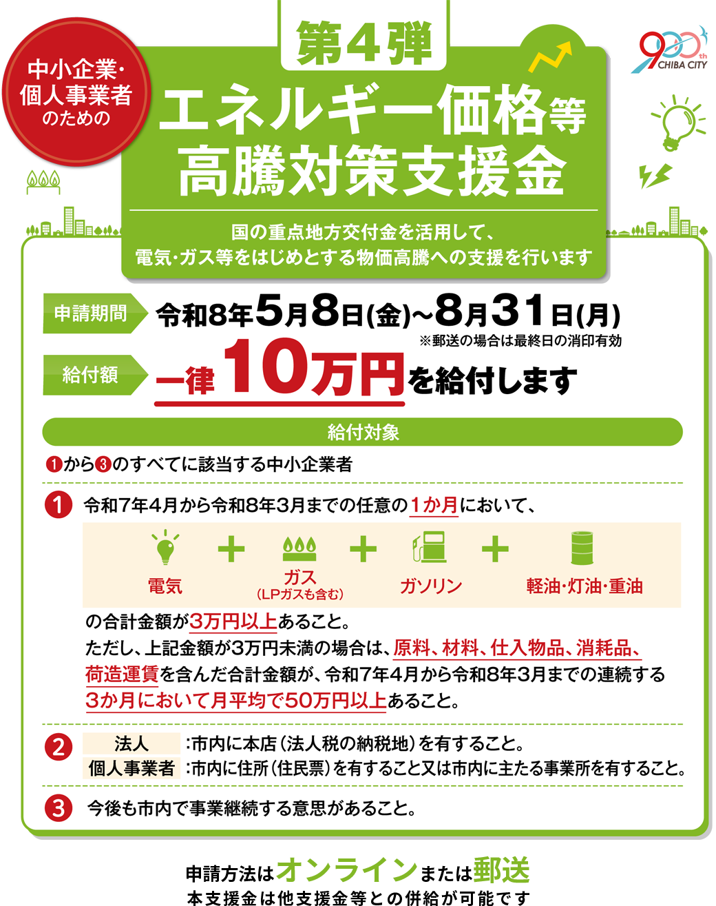 千葉市 中小企業・個人事業者のための【第4弾】エネルギー価格等高騰対策支援金。電気・ガス等をはじめとする物価高騰への支援。申請期間：令和8年5月8日(金)から8月31日(月)まで（郵送は最終日の消印有効）。給付額：一律10万円。対象は、指定期間中のエネルギー費用の合計が3万円以上（または対象経費の月平均が50万円以上）であること、市内に本店や住所を有すること、今後も市内で事業継続の意思があること、の3点を満たす事業者。申請方法はオンラインまたは郵送。